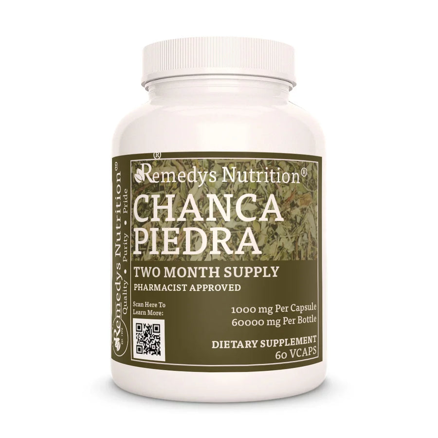 Image of Remedy's Nutrition® Chanca Piedra Capsules Dietary Supplement front bottle. Made in the USA. Phyllanthus niruri.