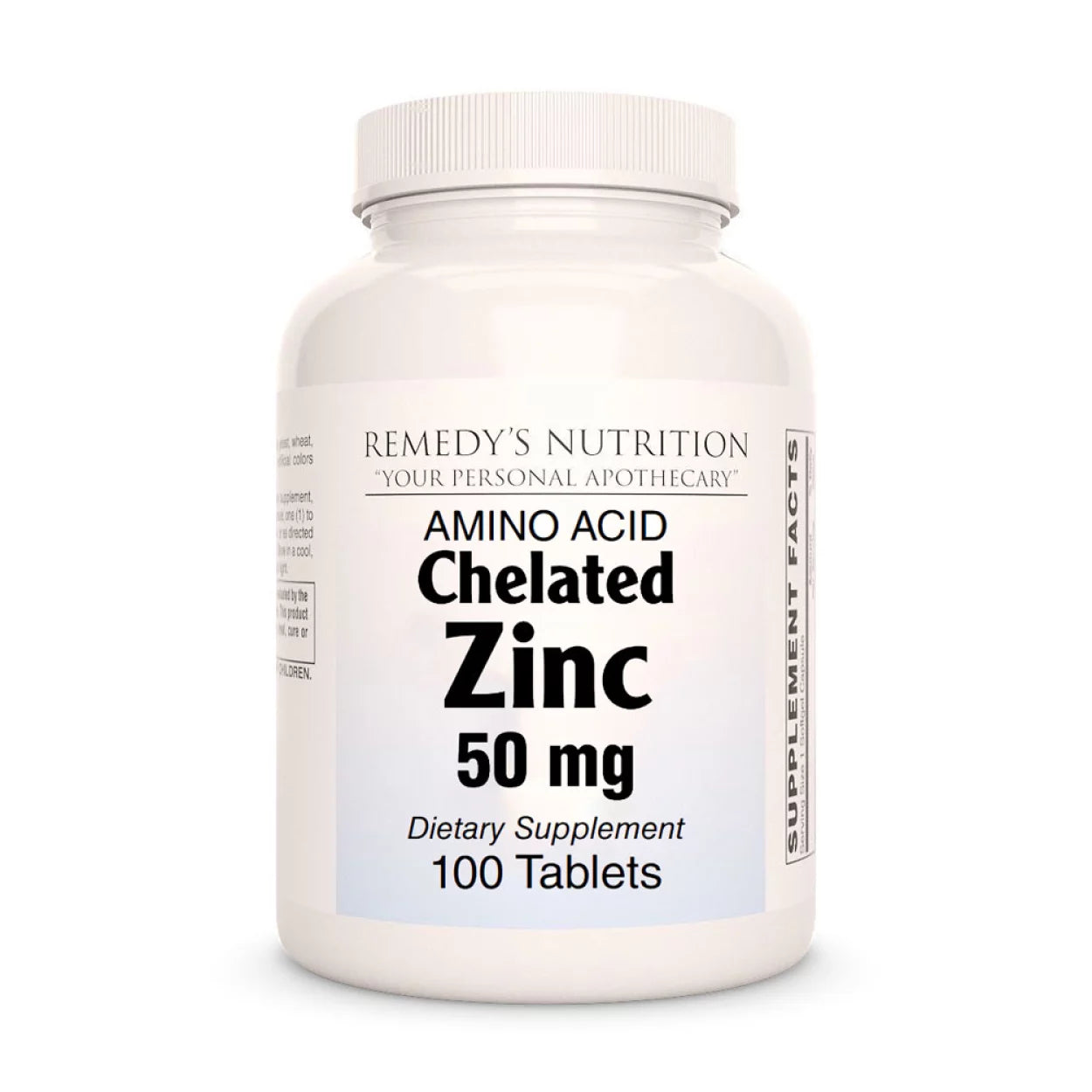 Image of Remedy's Nutrition® Chelated Zinc Tablets Dietary Supplement front bottle. Made in the USA.