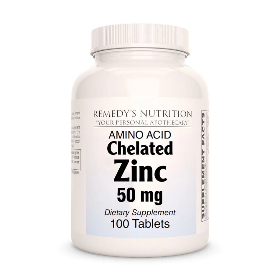 Image of Remedy's Nutrition® Chelated Zinc Tablets Dietary Supplement front bottle. Made in the USA.