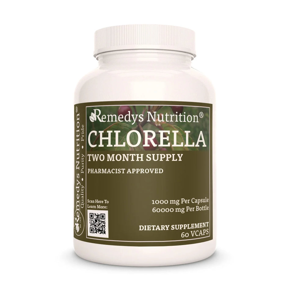 Image of Remedy's Nutrition® Chlorella Capsules Dietary Supplement front bottle. Made in the USA. Chlorella pyrenoidosa.