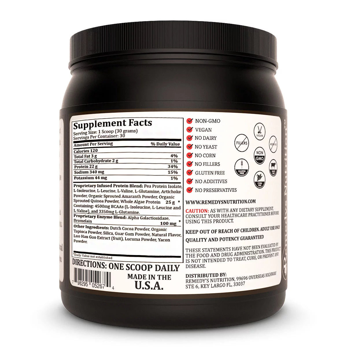 Image of Remedy's Nutrition® Chocolate Vegan Plant Protein Powder back label. Supplement Facts Ingredients Branch Amino Acids