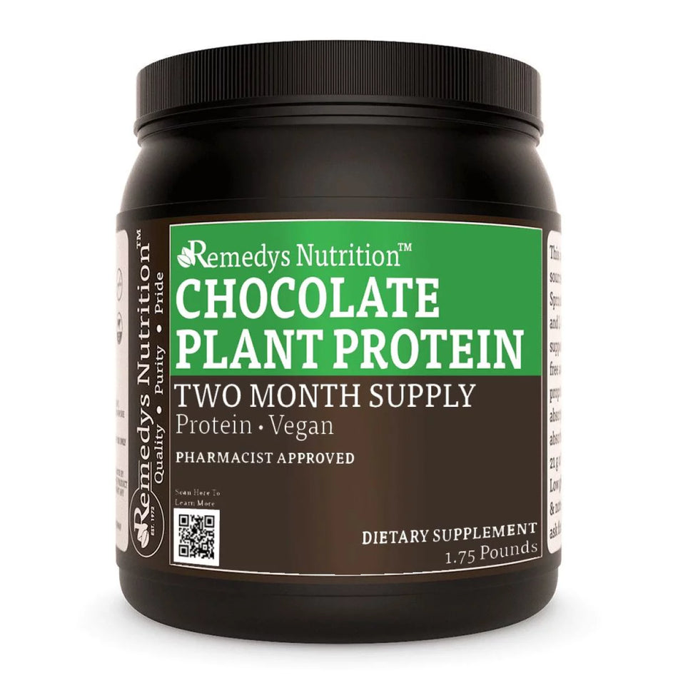 Image of Remedy's Nutrition® Chocolate Vegan Plant Protein Powder Dietary Supplement with Amino Acids bottle. Made in USA.