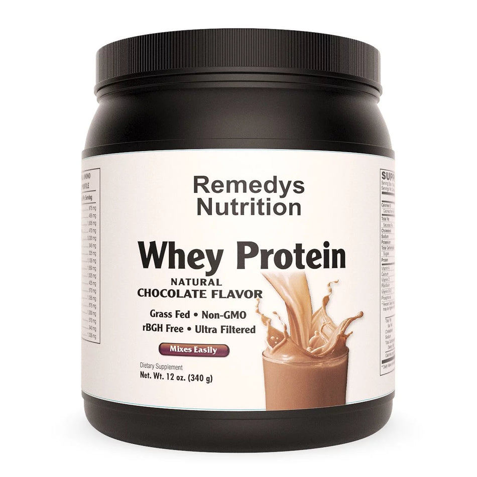 Image of Remedy's Nutrition® 12 oz Chocolate Whey Protein Powder Dietary Supplement front bottle. Made in the USA.