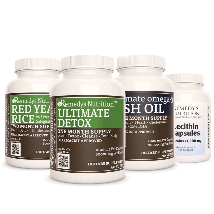 Image of Remedy's Nutrition® Cholesterol Power Pack™ includes Ultimate Detox™, Omega-3 Fish Oil™, Red Yeast Rice, Lecithin.