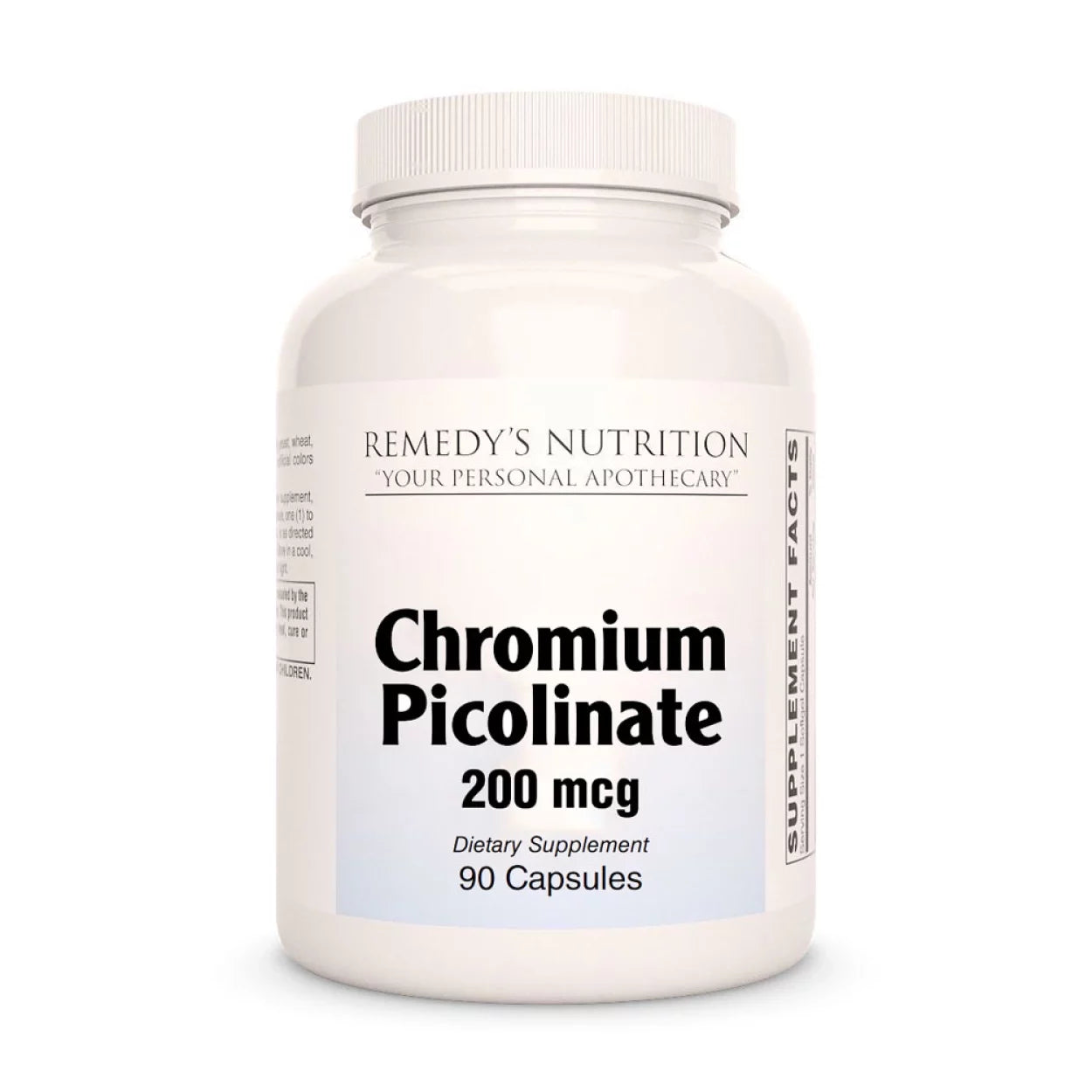 Image of Remedy's Nutrition® Chromium Picolinate Capsules Dietary Supplement front bottle. 200 mcg, No Fillers, No Additives. 