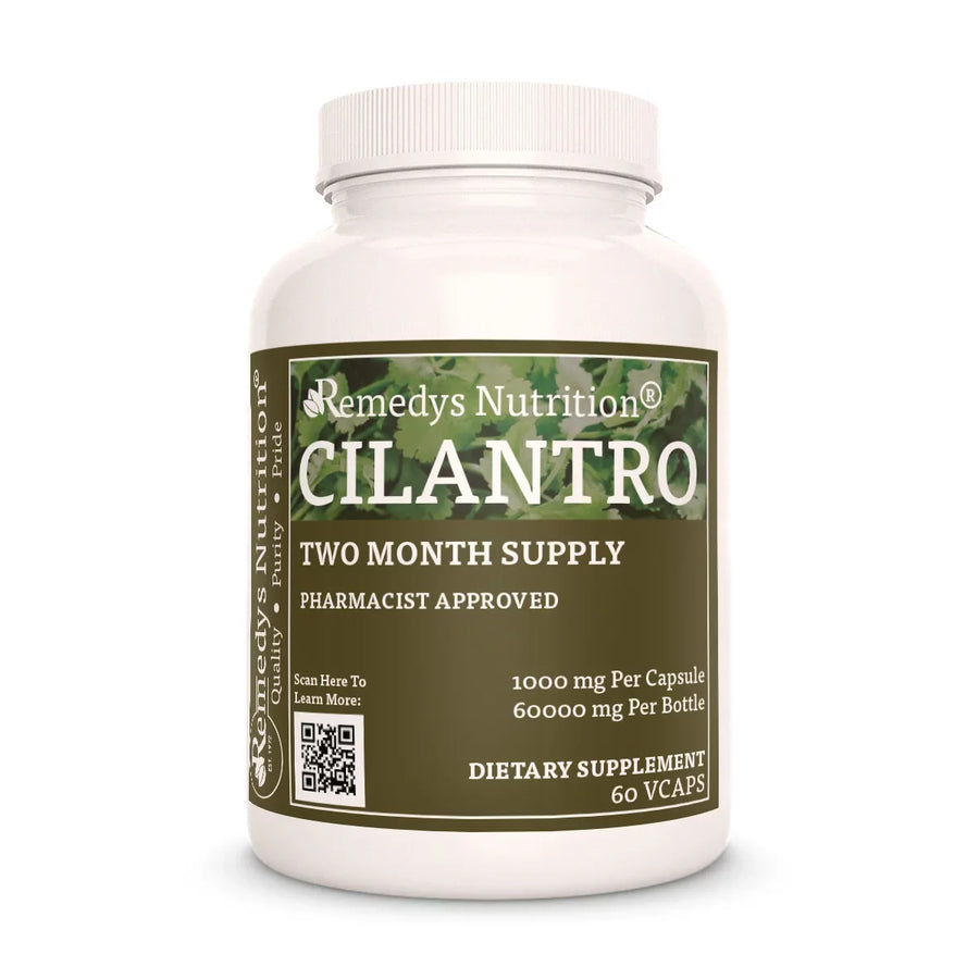 Image of Remedy's Nutrition® Cilantro Capsules Dietary Herbal Supplement front bottle. Made in the USA. Coriandrum sativum. 