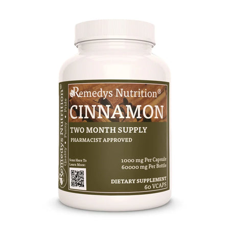 Image of Remedy's Nutrition® Cinnamon Bark Capsules Dietary Supplement front bottle. Made in the USA. Cinnamomum cassia.