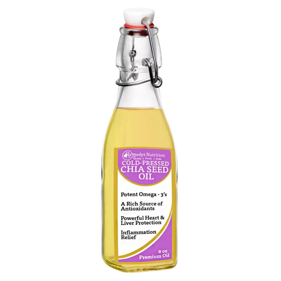 Image of Remedy's Nutrition® Cold-Pressed Chia Seed Oil front bottle. 8 fluid ounces. Omega-3, Omega-6