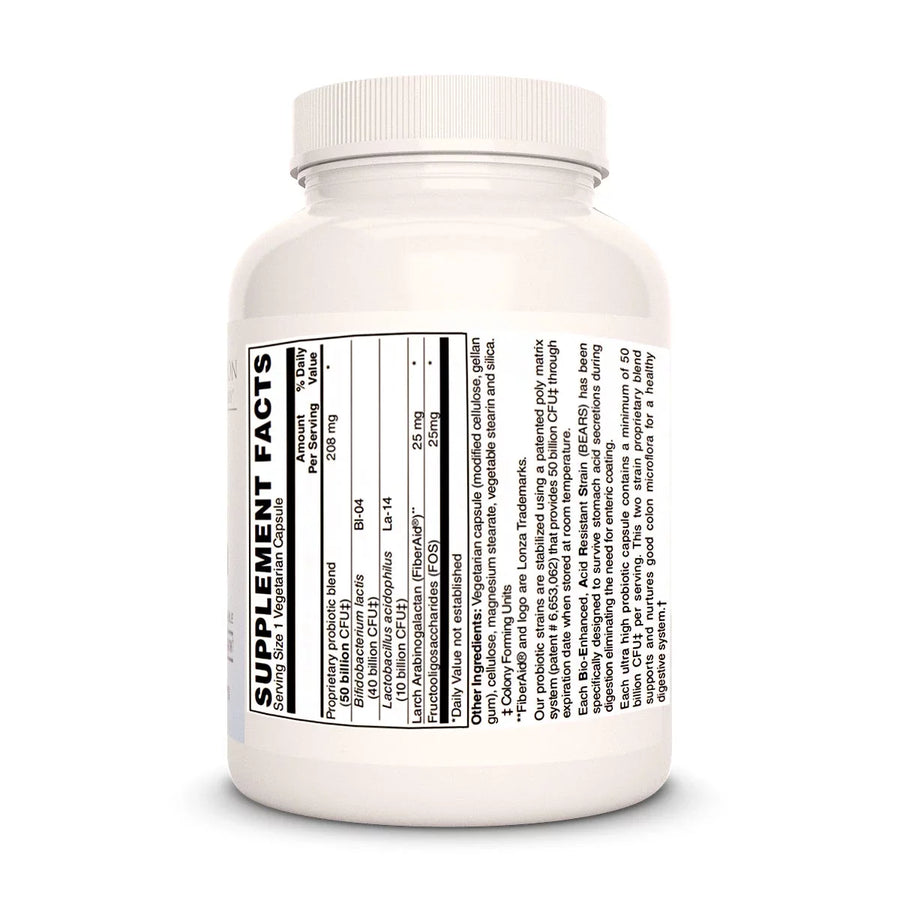 Image of Remedy's Nutrition® Colon Health 50 Billion Probiotic back label. Bifidobacterium lactis, Lactobacillus Acidophilus.