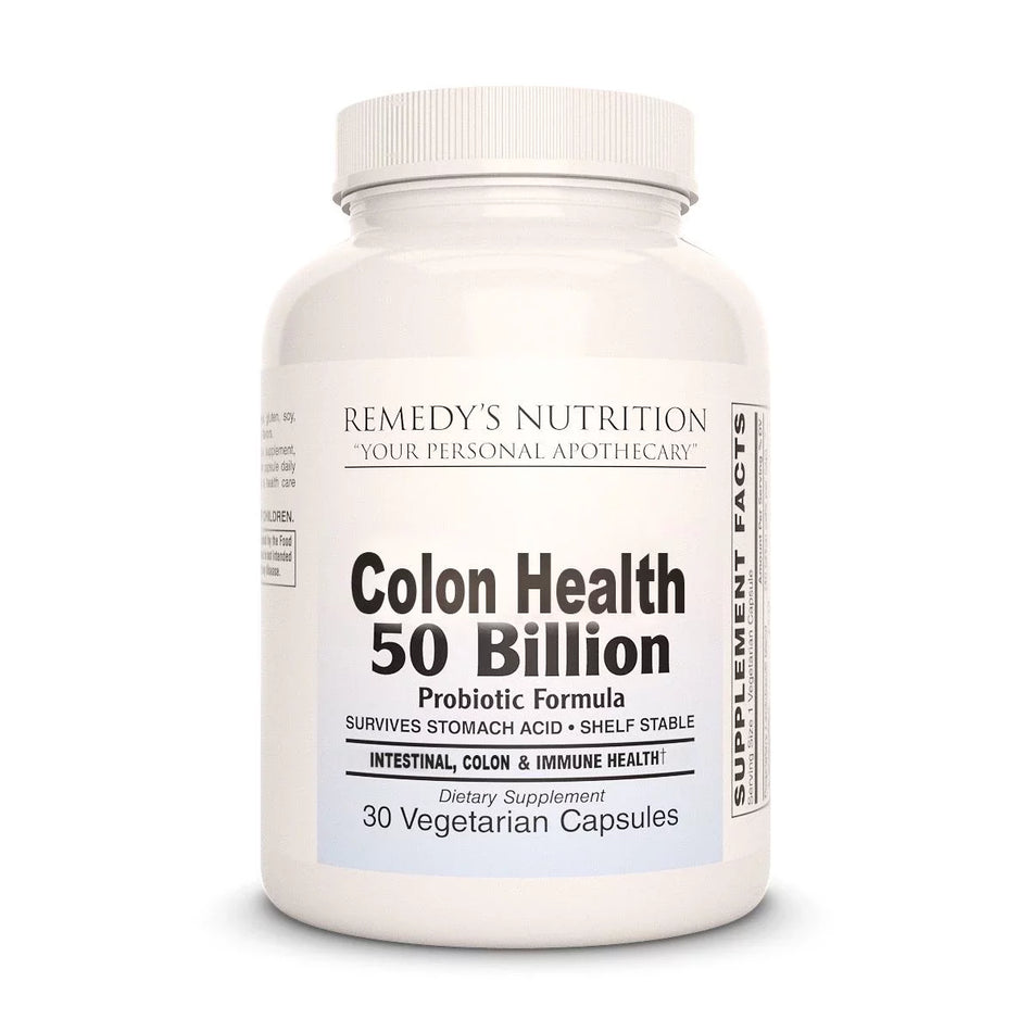 Image of Remedy's Nutrition® Colon Health 50 Billion Probiotic Capsules Dietary Supplement front bottle. Intestinal, Immunity