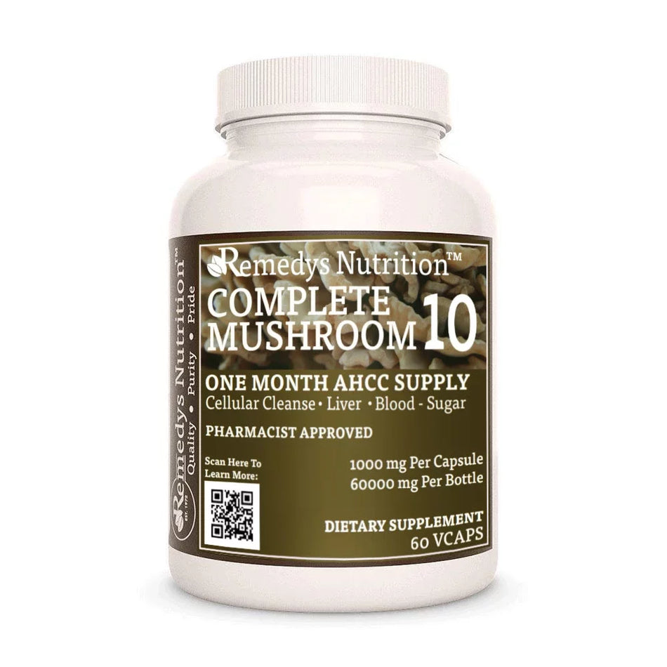 Image of Remedy's Nutrition® Complete Mushroom 10™ Capsules Proprietary Dietary Supplement front bottle. Made in the USA.