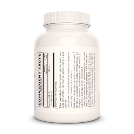 Image of Remedy's Nutrition® CoQ10 CoEnzyme Q10 back label. Supplement Facts, Ingredients, No Fillers, No Additives.  