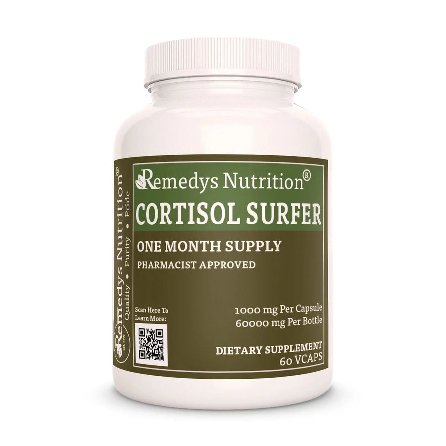 Image of Remedy's Nutrition® Cortisol Surfer™ Capsules Herbal Supplement front bottle. Made in the USA. Ashwagandha, Rhodiola
