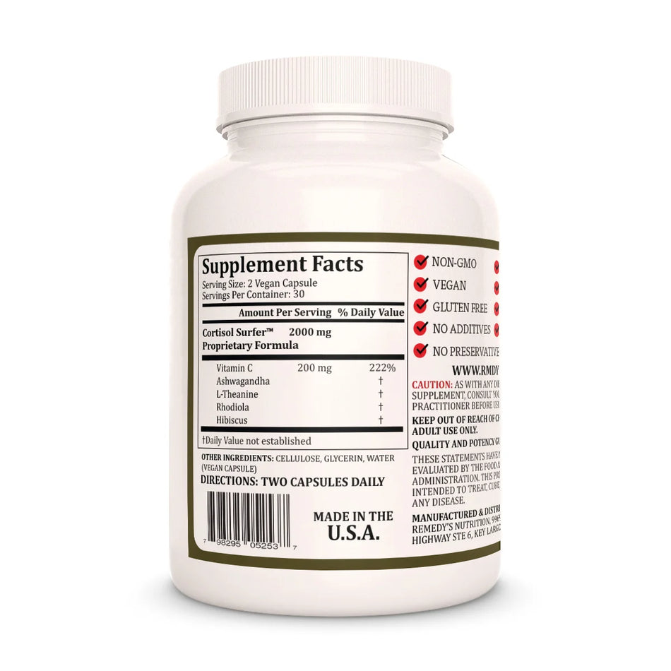 Remedy's Nutrition® Cortisol Surfer™ supplement facts label and ingredients, back label view