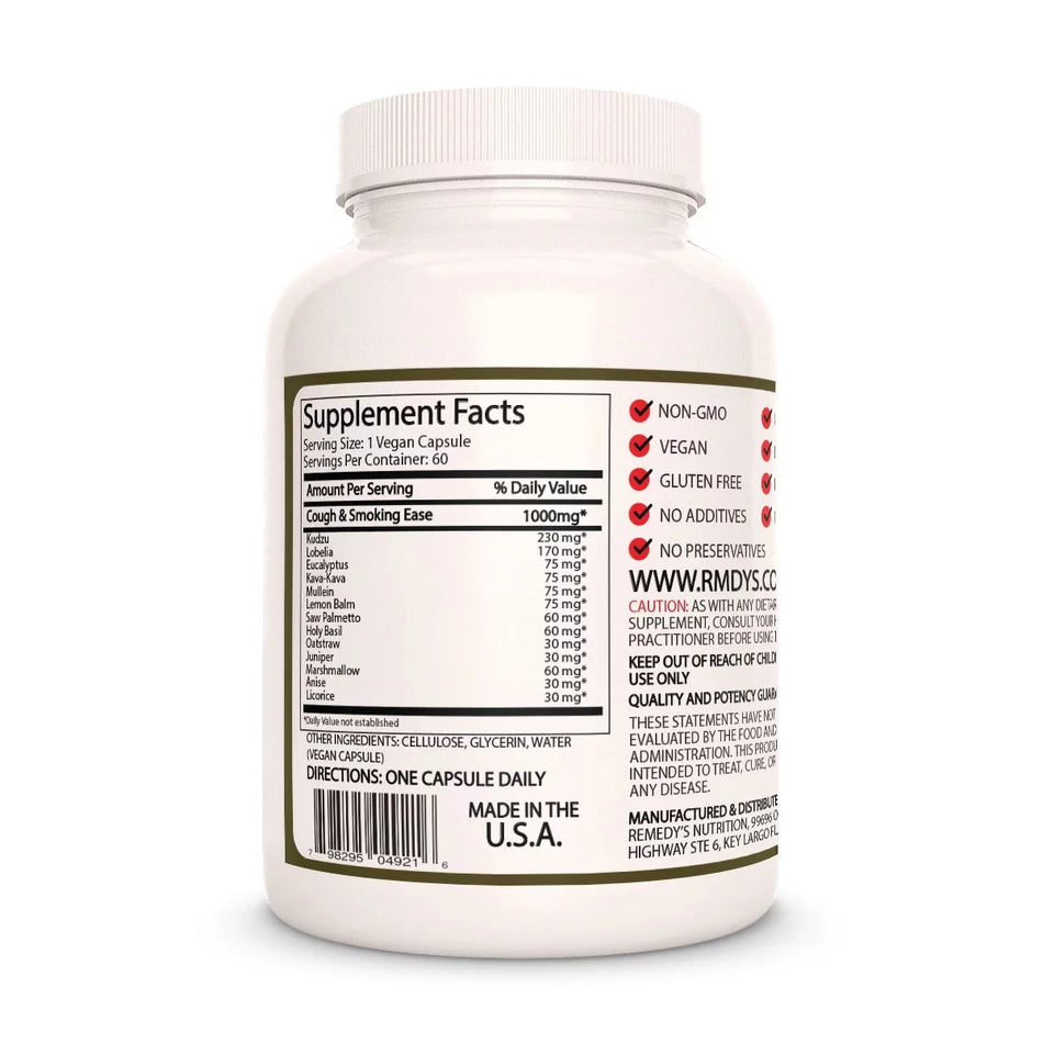Image of Remedy's Nutrition® Cough & Smoking Ease™ back label. Supplement Facts, Kudzu, Lobelia, Eucalyptus, Kava, Lemon Balm