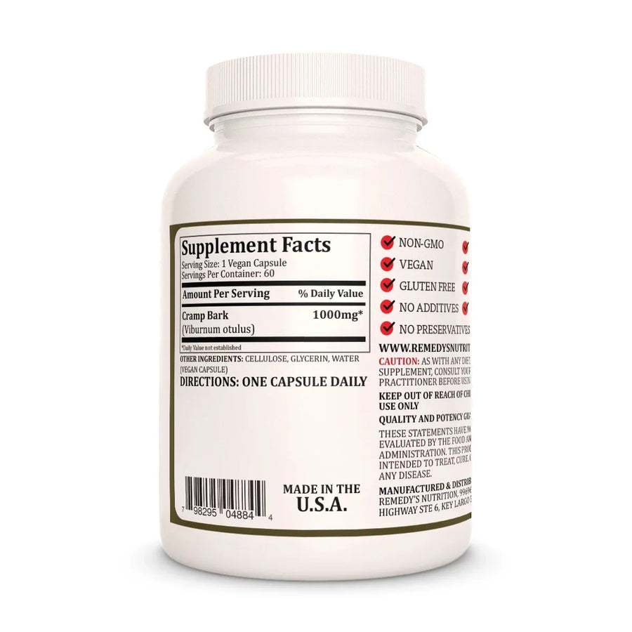 Image of Remedy's Nutrition® Cramp Bark back label. Supplement Facts, Ingredients, Viburnum otulus.