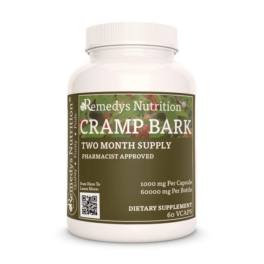 Image of Remedy's Nutrition® Cramp Bark Capsules Dietary Herbal Supplement front bottle. Made in the USA. Viburnum otulus.