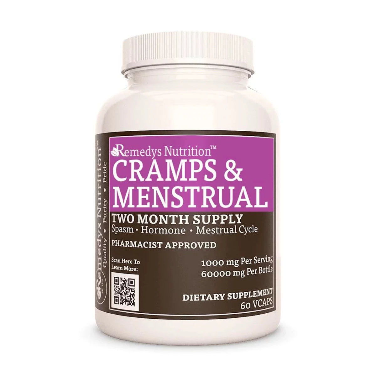 Image of Remedy's Nutrition® Cramps & Menstrual™ Support Capsules Proprietary Herbal Supplement front bottle. Made in the USA