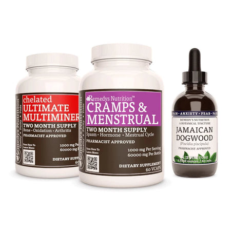 Image of Remedy's Nutrition® Cramps & PMS Power Pack™ Ultimate Multiminerals™, Cramps & Menstrual™, Jamaican Dogwood Tincture