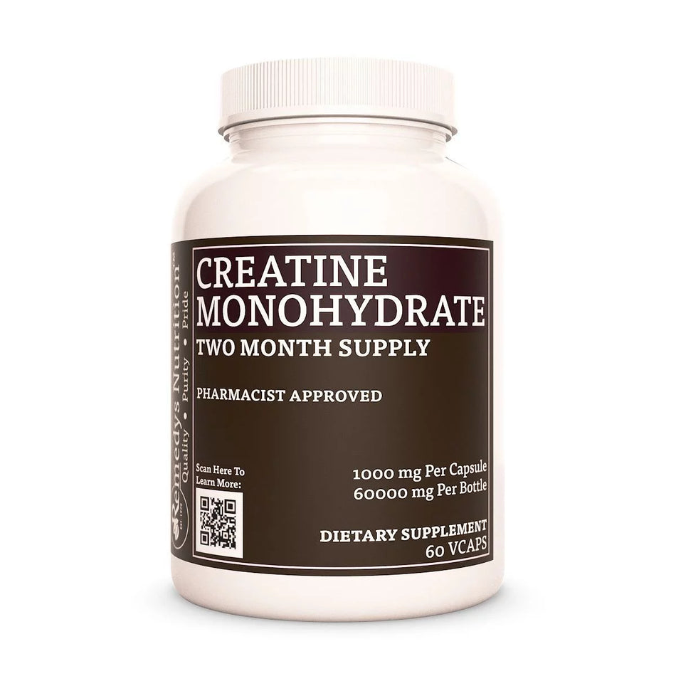 Image of Remedy's Nutrition® Creatine Monohydrate Capsules Dietary Supplement front bottle. Made in the USA.