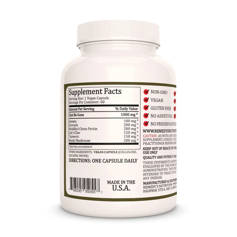 Image of Remedy's Nutrition® Cyst Be Gone back label. Supplement Facts, Ingredients, Organic Graviola, Anamu & Citrus Pectin