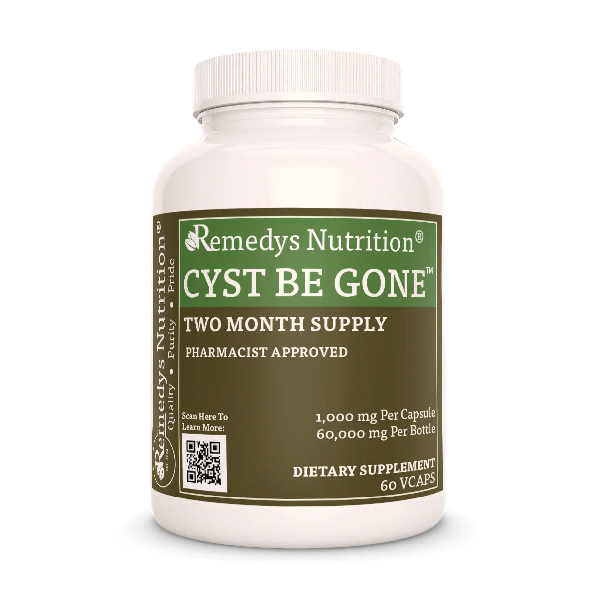 A front view of a bottle of Remedy's Nutrition Cyst Be Gone, a dietary supplement with 60 capsules.