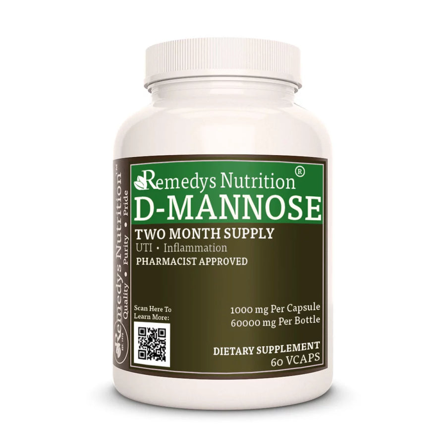 Image of Remedy's Nutrition® D-Mannose Capsules Dietary Supplement front bottle. Made in the USA.