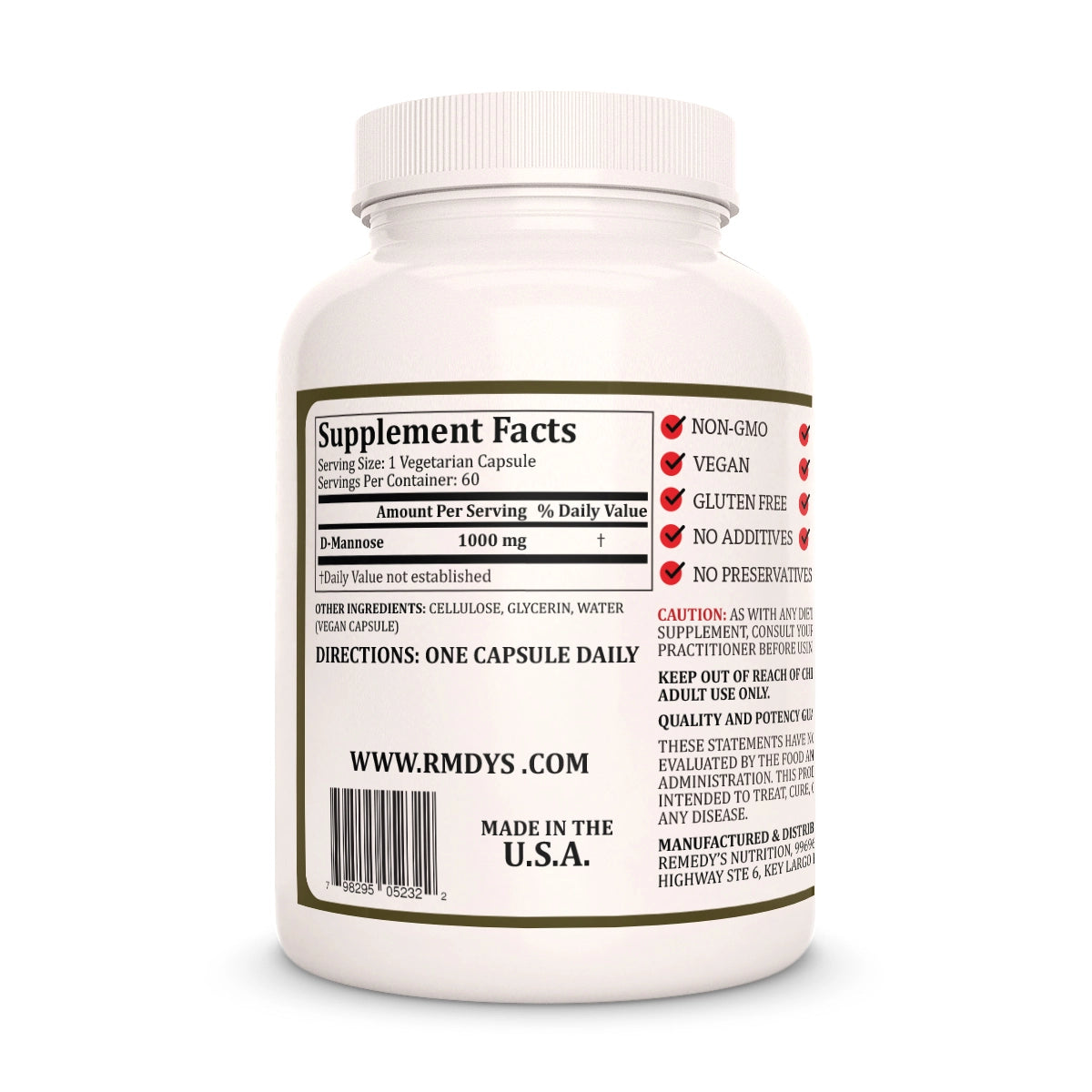 Image of Remedy's Nutrition® D-Mannose Capsules Dietary Supplement back bottle. Made in the USA.