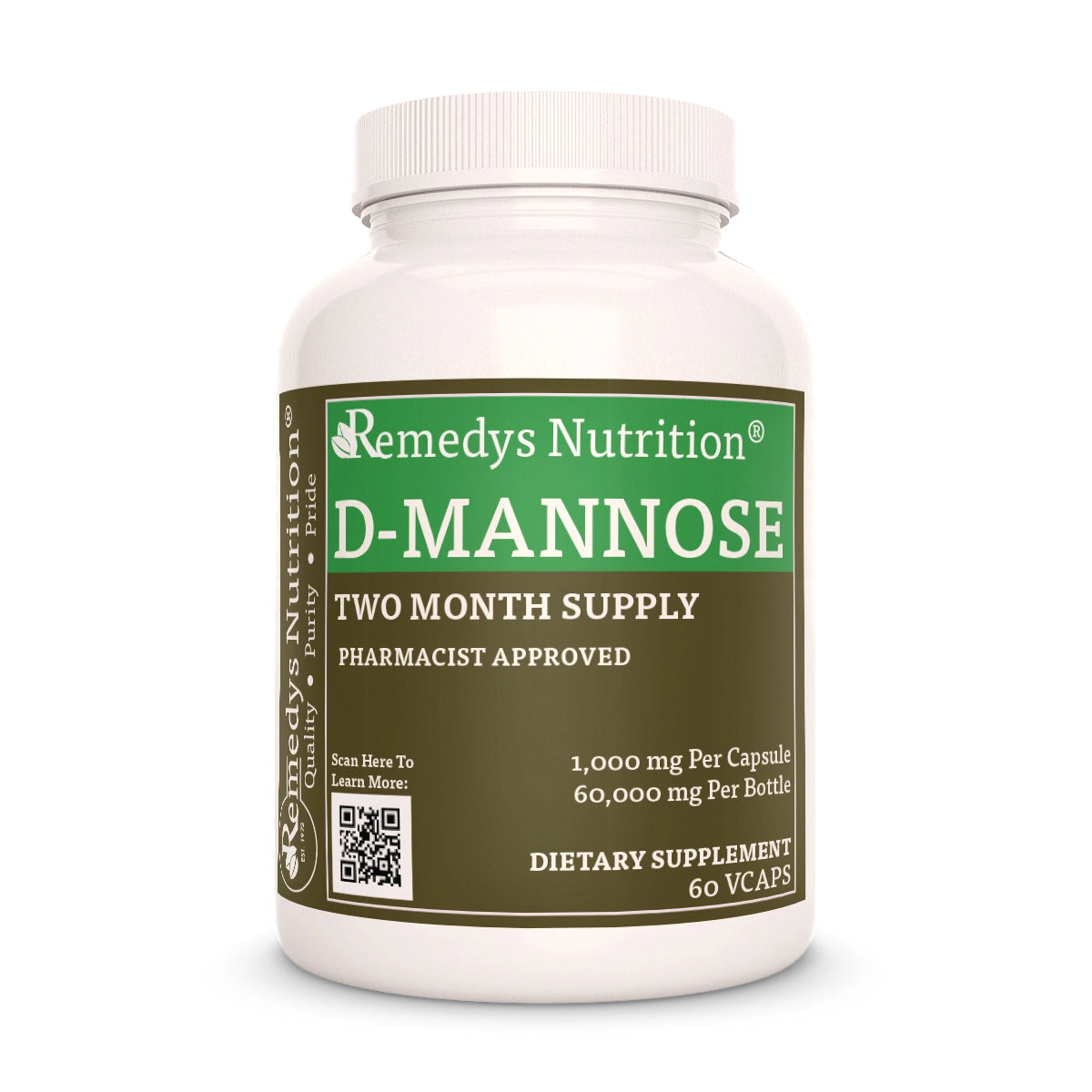 Image of Remedy's Nutrition® D-Mannose Capsules Dietary Supplement front bottle. Made in the USA.