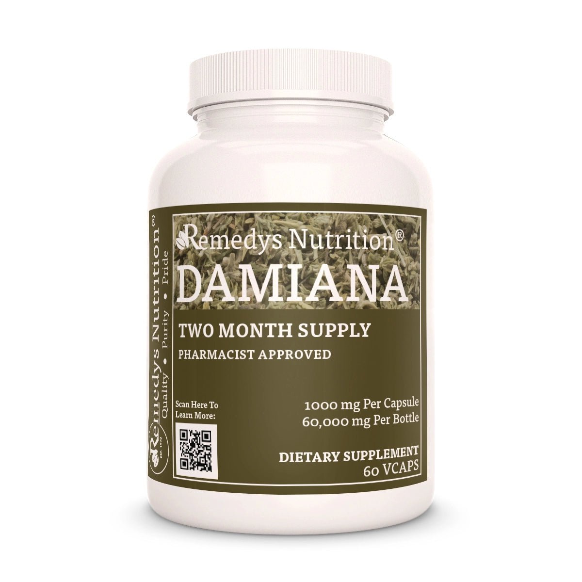 Image of Remedy's Nutrition® Damiana Capsules Dietary Herbal Supplement front bottle. Made in the USA. Turnera diffusa. 