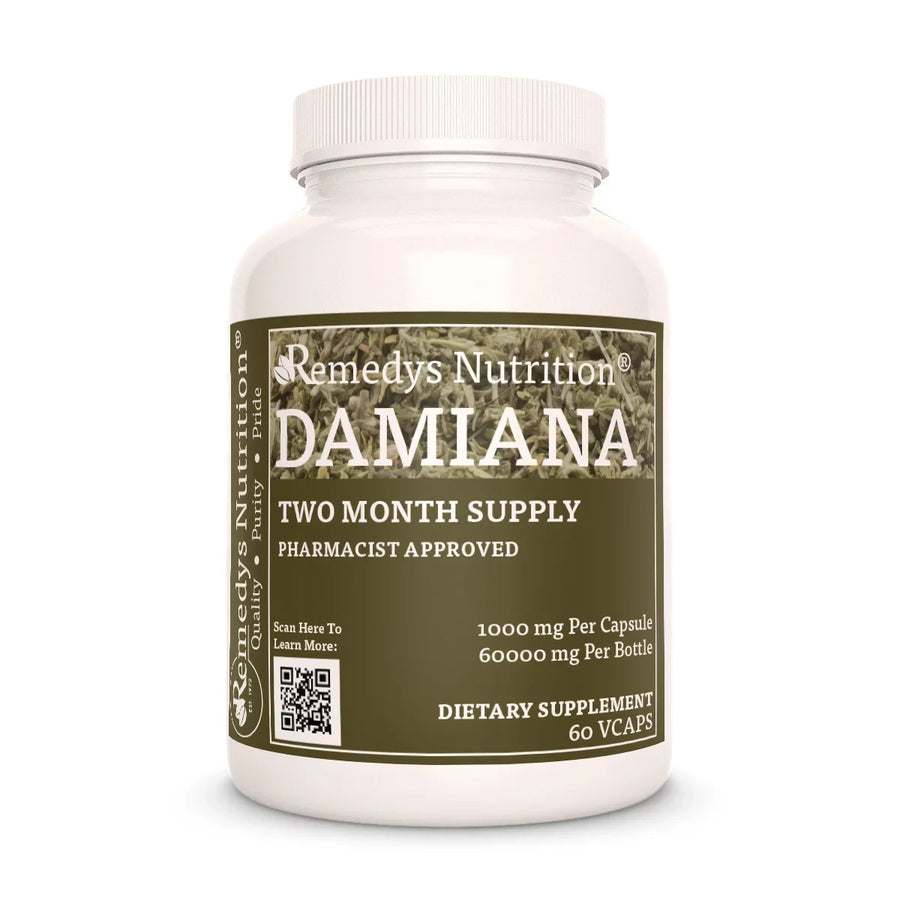 Image of Remedy's Nutrition® Damiana Capsules Dietary Herbal Supplement front bottle. Made in the USA. Turnera diffusa. 