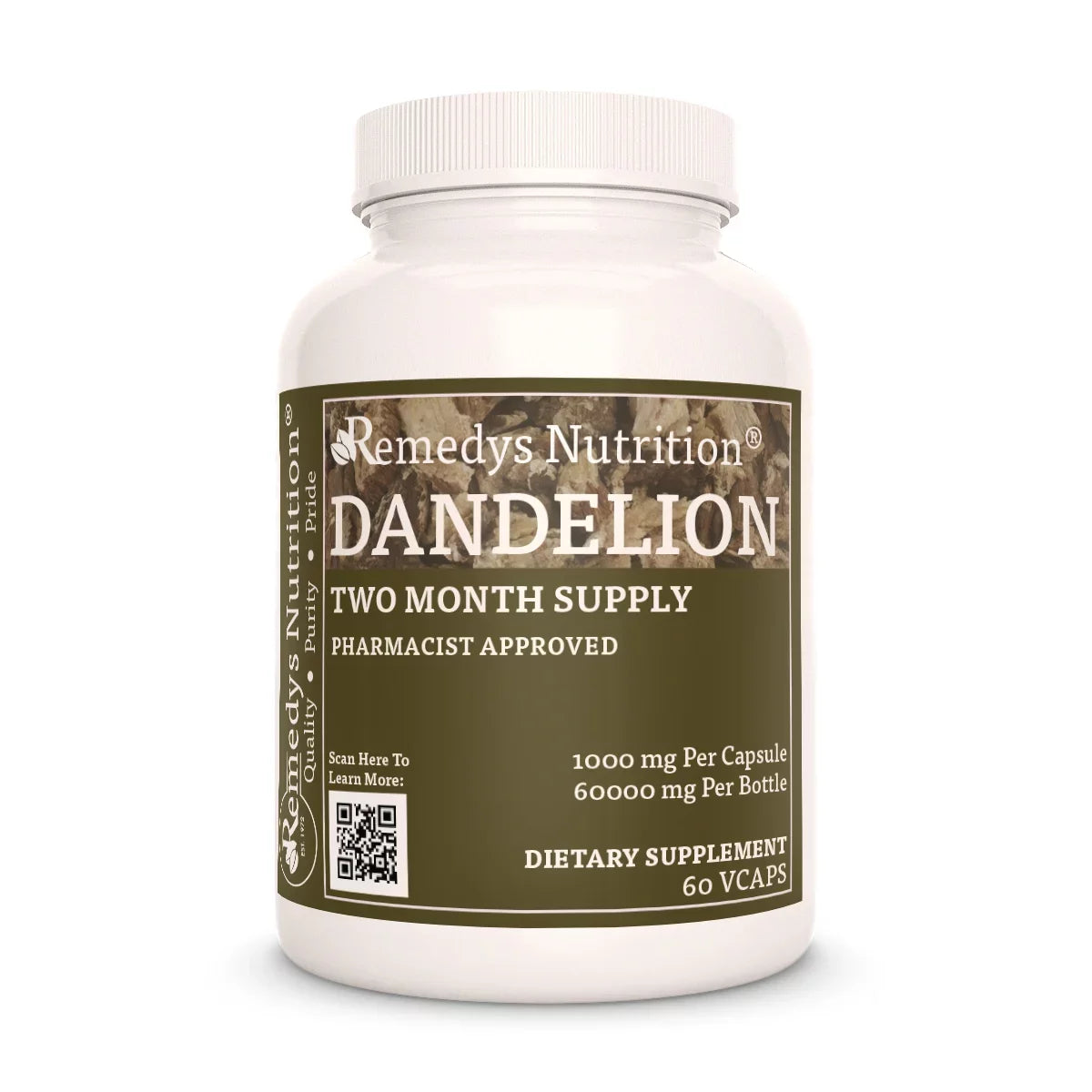 Image of Remedy's Nutrition® Dandelion Root Capsules Dietary Herbal Supplement front bottle. Made in the USA. Taraxacum officinale.