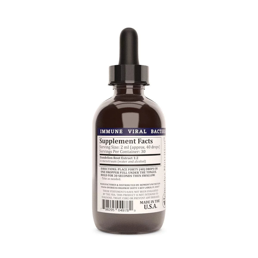 Image of Remedy's Nutrition® Dandelion Root Extract Tincture back label. Supplement Facts, Ingredients and Directions. 