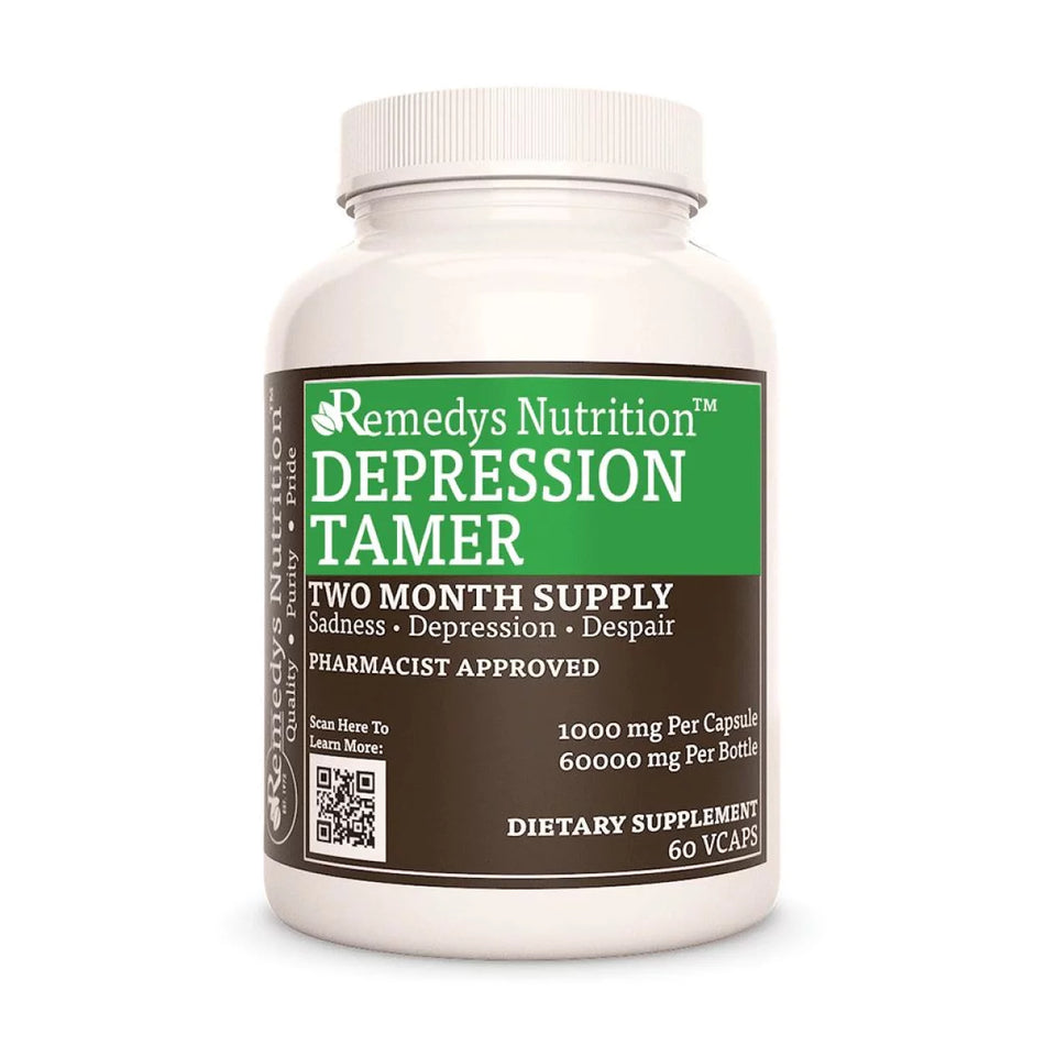Image of Remedy's Nutrition® Depression Tamer™ Capsules Herbal Supplement front bottle. Made in the USA. Sadness, Despair.