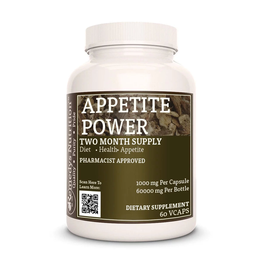 Image of Remedy's Nutrition® Appetite Power™ Herbal Supplement front bottle. Contains 100% Devil's Tongue. Made in the USA. 