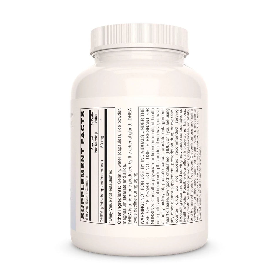 Image of Remedy's Nutrition® DHEA back label. Supplement Facts, Ingredients, and Directions. 50mg Dehydroepiandrosterone.