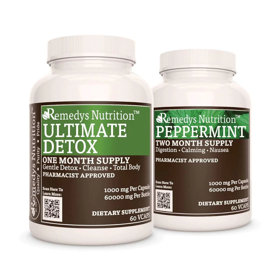 Image of Remedy's Nutrition® Diarrhea Power Pack™ Capsules Herbal Supplement bottles. Ultimate Detox™ and Peppermint Leaf.