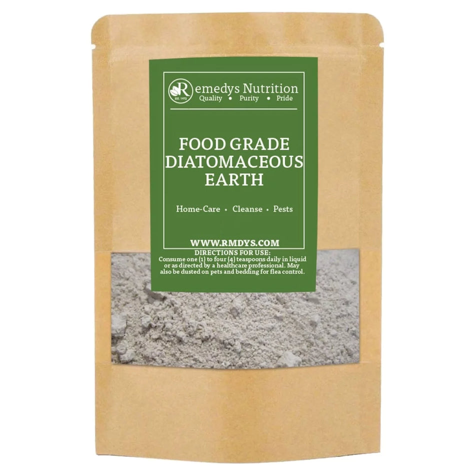 Image of Remedy's Nutrition® Food Grade Diatomaceous Earth Powder Dietary Supplement front bag. Made in the USA.