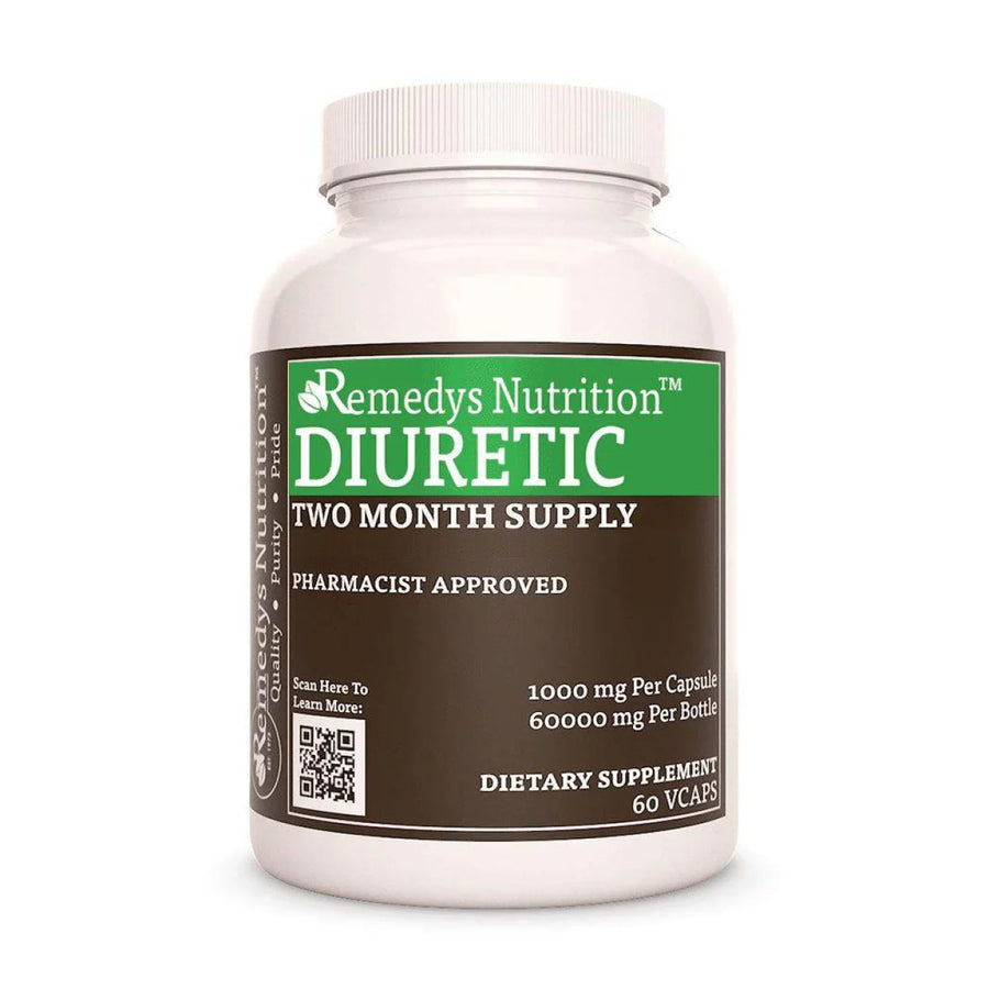 Image of Remedy's Nutrition® Diuretic™ Capsules Herbal Supplement front bottle. Made in USA.  Hibiscus, Watercress, Parsley.