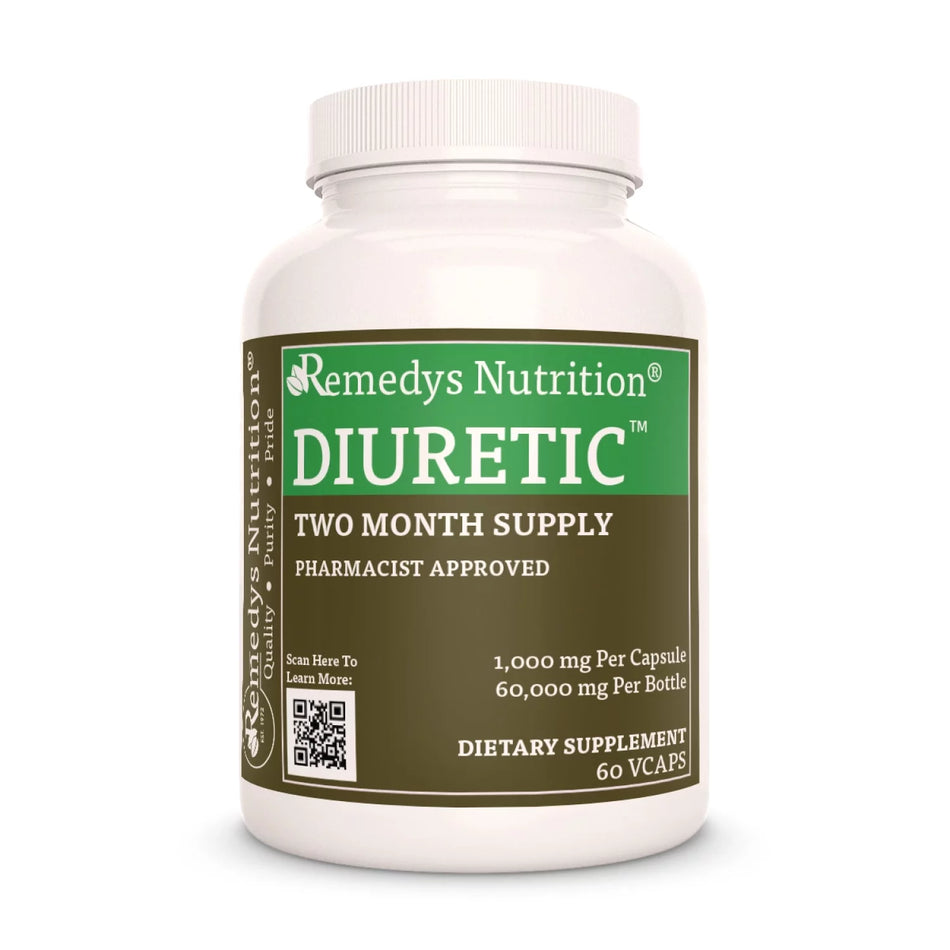 Image of Remedy's Nutrition® Diuretic™ Capsules Herbal Supplement front bottle. Made in USA.  Hibiscus, Watercress, Parsley.