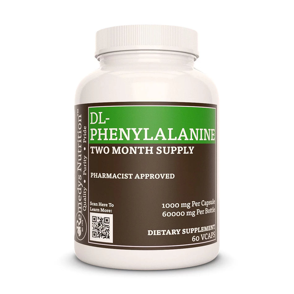 Image of Remedy's Nutrition® DL-Phenylalanine (DLPA) Capsules Dietary Supplement front bottle. Made in the USA.