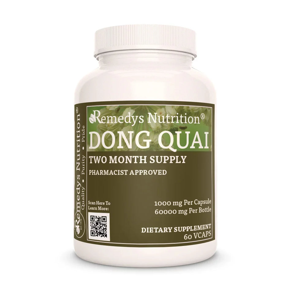 Image of Remedy's Nutrition® Dong Quai Capsules Dietary Herbal Supplement front bottle. Made in the USA.  Angelica Root.