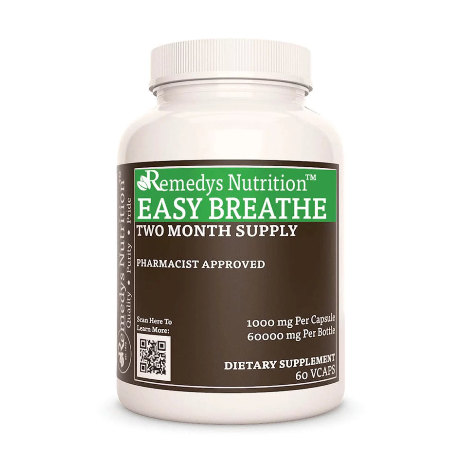 Image of Remedy's Nutrition® Easy Breathe™ Capsules Herbal Supplement front bottle. Made in the USA.  Fennel, Anise, Mellein.