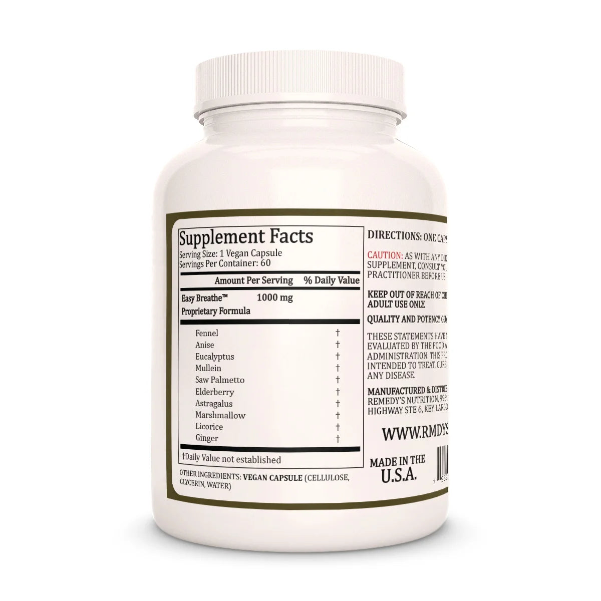 Remedy's Nutrition® Easy Breathe™ supplement facts label and ingredients, back label view