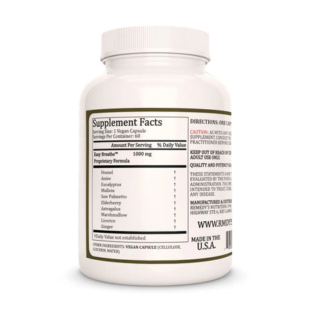Remedy's Nutrition® Easy Breathe™ supplement facts label and ingredients, back label view