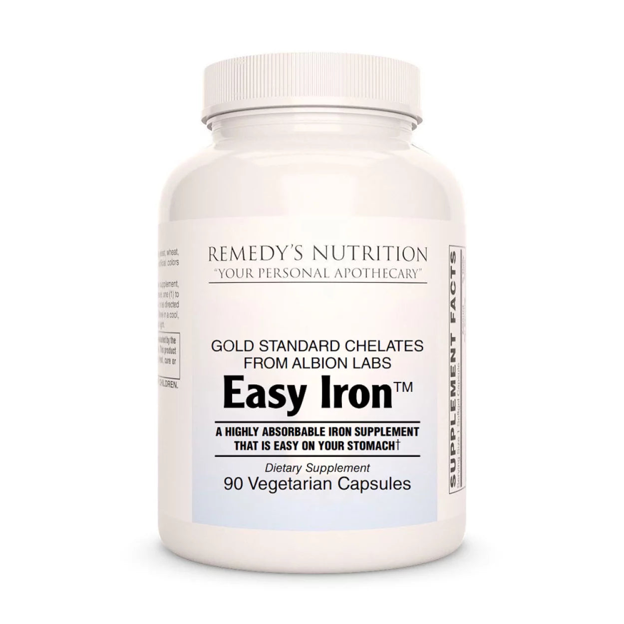 Image of Remedy's Nutrition® Easy Iron Capsules Dietary Supplement front bottle. Made in the USA. Gentle Iron.