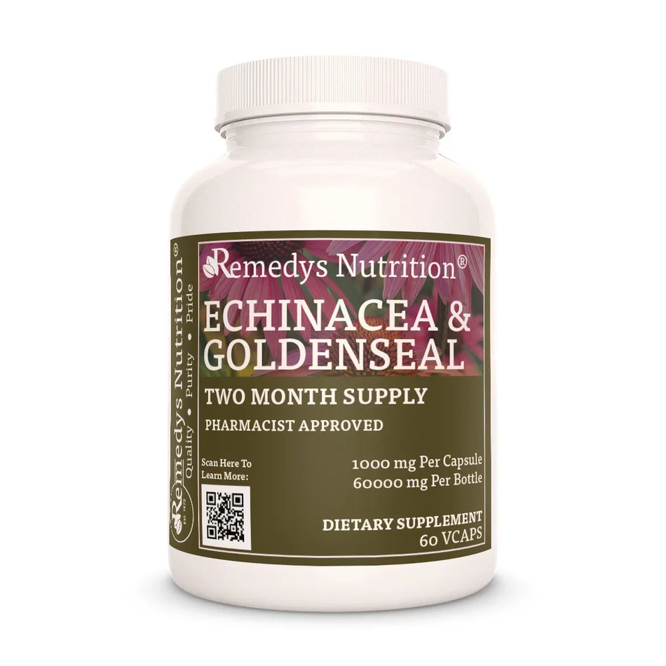 Image of Remedy's Nutrition® Echinacea & Goldenseal Capsules Dietary Herbal Supplement front bottle. Made in the USA.