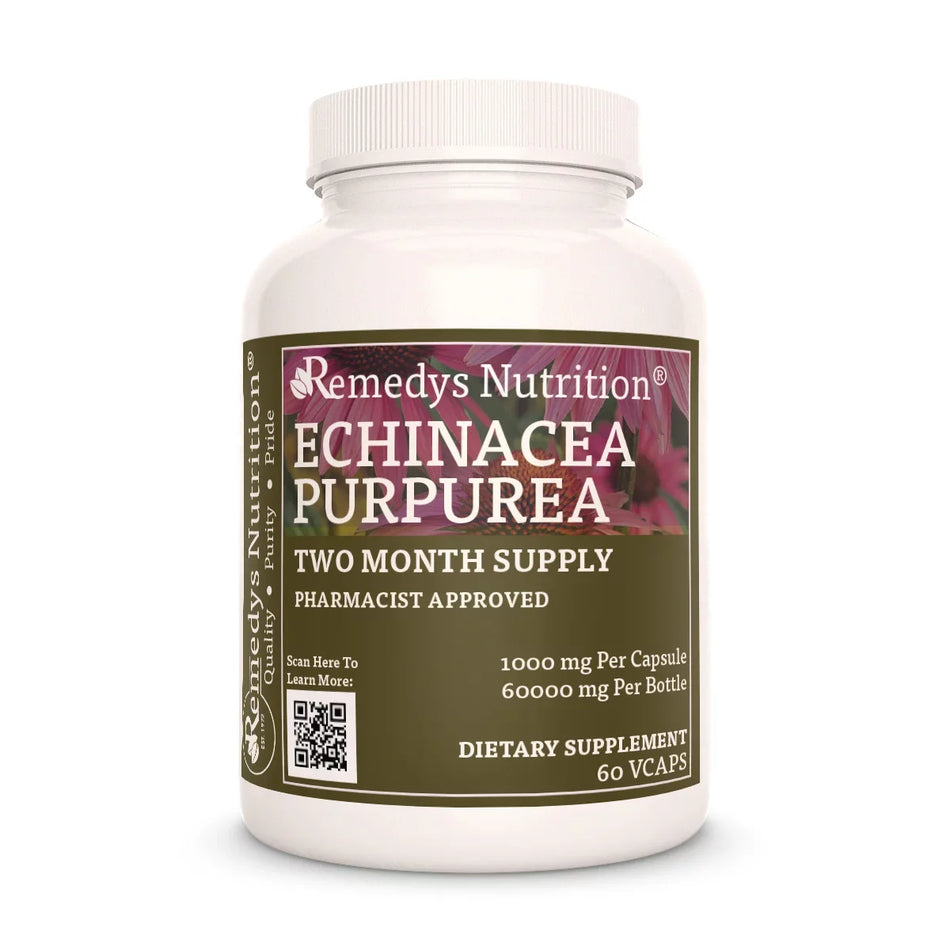 Image of Remedy's Nutrition® Echinacea (Echinacea purpurea) Capsules Dietary Herbal Supplement front bottle. Made in the USA.