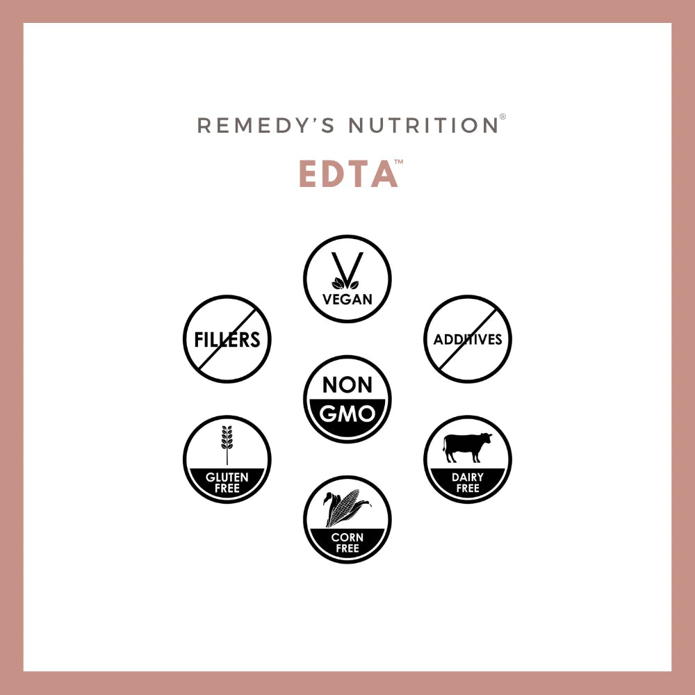 An ad for Remedy's Nutrition EDTA with icons showing it is vegan, non-GMO, and gluten-free.