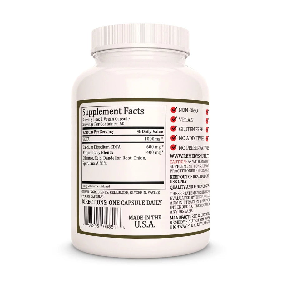 Image of Remedy's Nutrition® EDTA back label. Supplement Facts: Cilantro, Kelp, Dandelion, Onion, Spirulina, Alfalfa